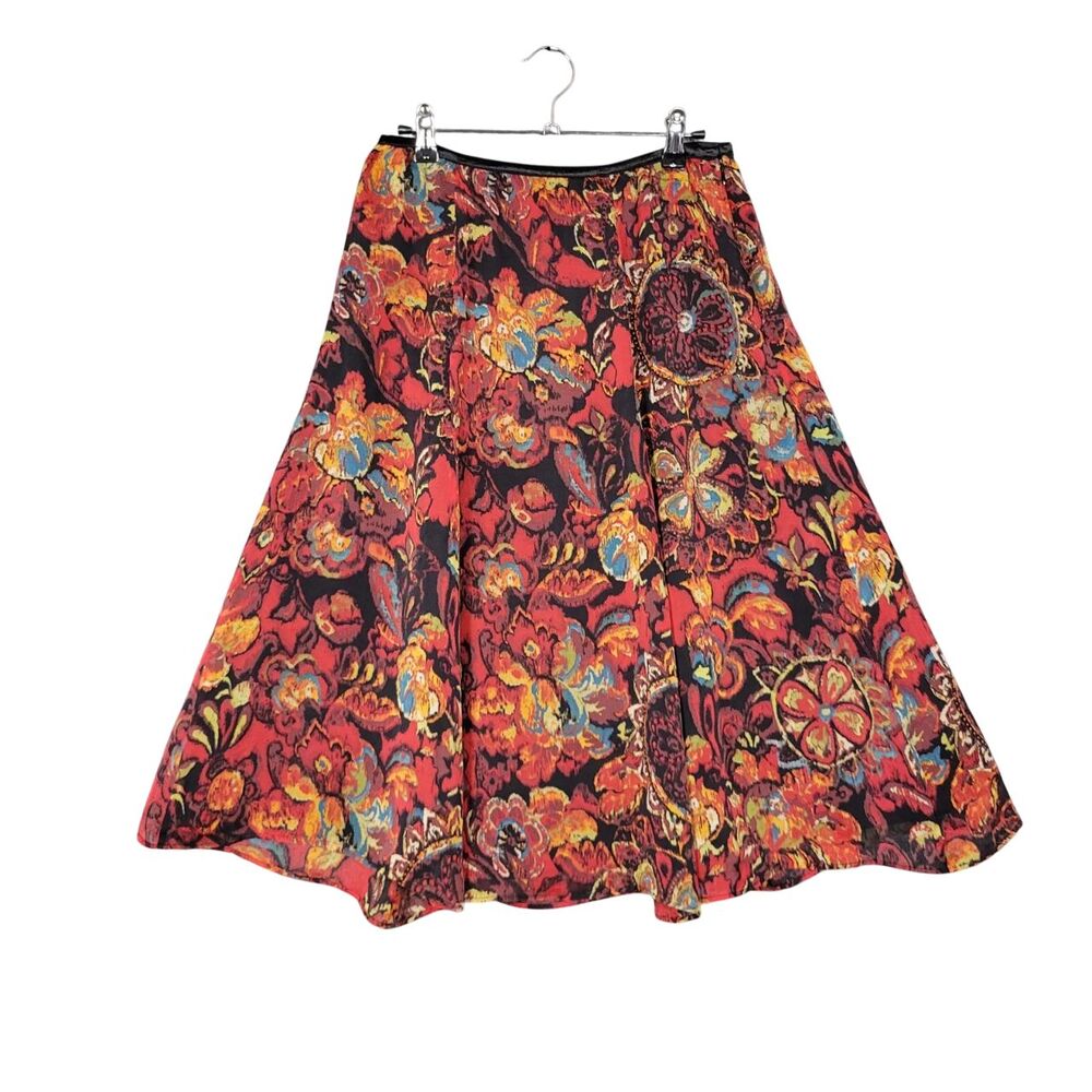 SUSAN BRISTOL Red Silk Dark Floral Flowy Feminine Fairy Artsy Midi Skirt SIZE 6